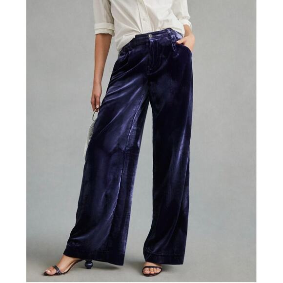by Anthropologie Wide-Leg Purple Velvet Trousers Size 14 NWT High Waisted
